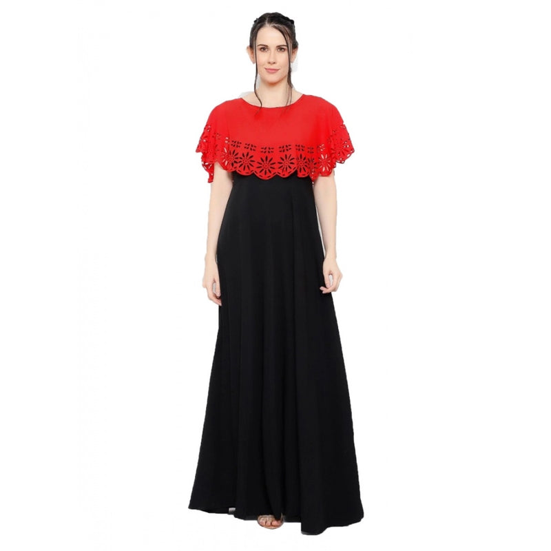 Mayawye Women's Crepe Solid Sleeveless Full Length Gown(Red Black)