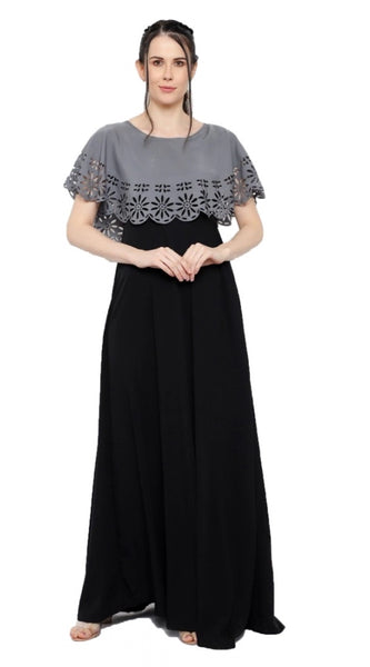 Mayawye Women's Crepe Solid Sleeveless Full Length Gown(Grey Black)