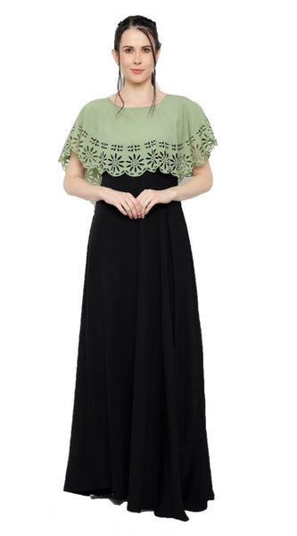 Mayawye Women's Crepe Solid Sleeveless Full Length Gown(Green Black)