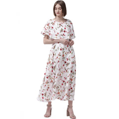 Mayawye Women's Crepe Floral Half Sleeves Full Length Gown(White)
