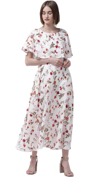 Mayawye Women's Crepe Floral Half Sleeves Full Length Gown(White)
