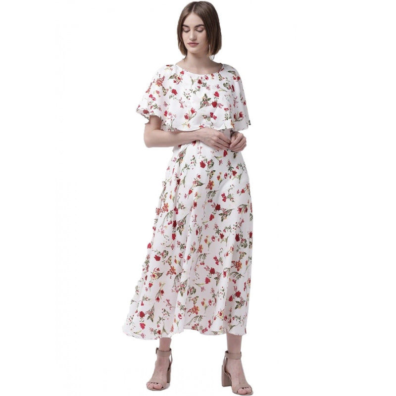 Mayawye Women's Crepe Floral Half Sleeves Full Length Gown(White)
