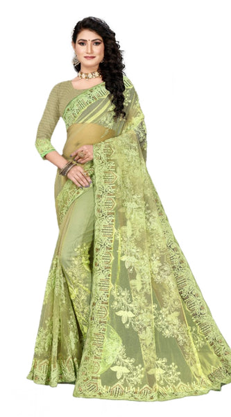 Mayawye Women's Net Saree With Blouse (Pista Green, 5-6Mtrs)