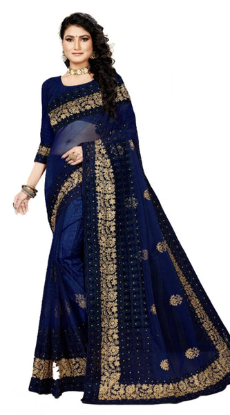 Mayawye Women's Net Saree With Blouse (Navy Blue, 5-6Mtrs)