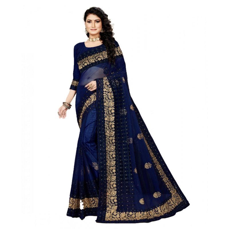 Mayawye Women's Net Saree With Blouse (Navy Blue, 5-6Mtrs)