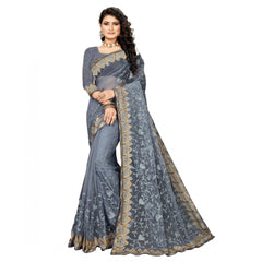 Mayawye Women's Net Saree With Blouse (Grey, 5-6Mtrs)
