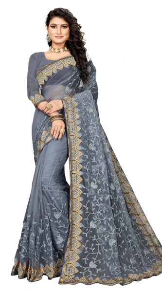 Mayawye Women's Net Saree With Blouse (Grey, 5-6Mtrs)