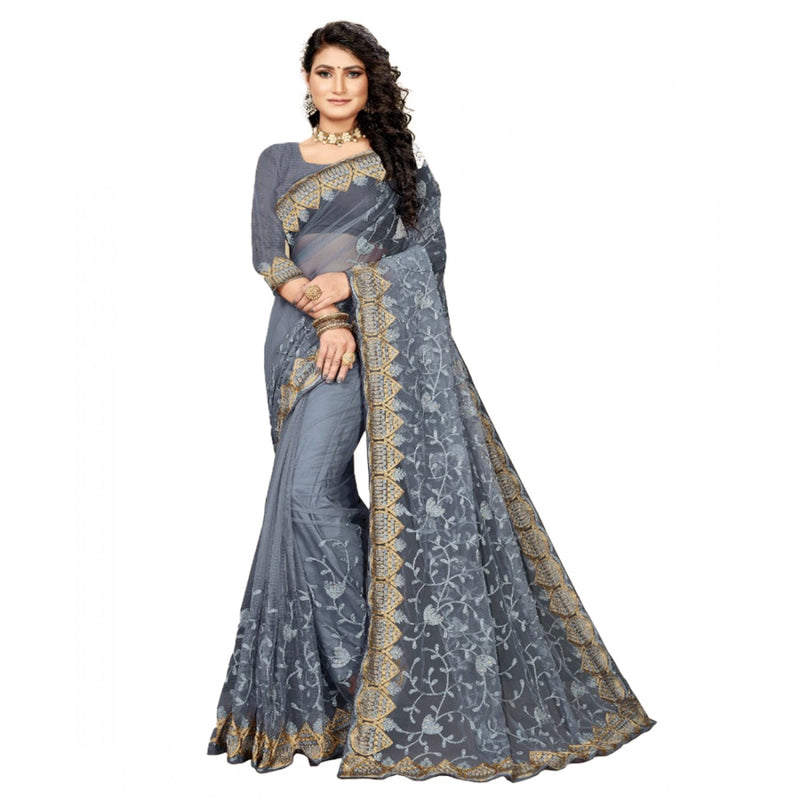 Mayawye Women's Net Saree With Blouse (Grey, 5-6Mtrs)