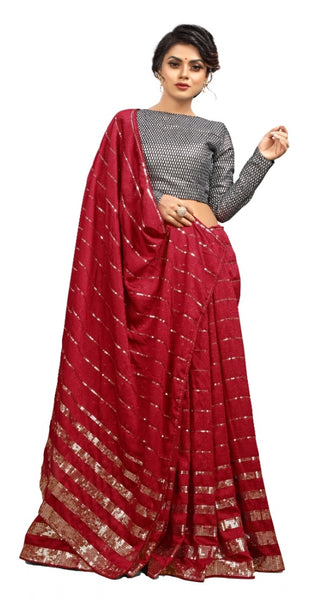 Mayawye Women's Vichitra Saree with Blouse (Red, 5-6 Mtrs)