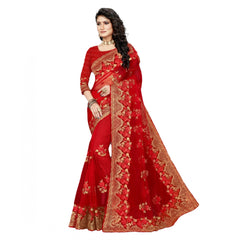 Mayawye Women's Net Saree With Blouse (Red, 5-6Mtrs)