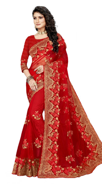 Mayawye Women's Net Saree With Blouse (Red, 5-6Mtrs)