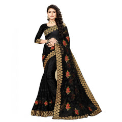 Mayawye Women's Net Saree With Blouse (Black, 5-6Mtrs)