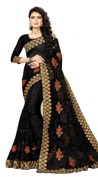 Mayawye Women's Net Saree With Blouse (Black, 5-6Mtrs)
