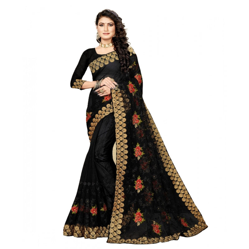 Mayawye Women's Net Saree With Blouse (Black, 5-6Mtrs)