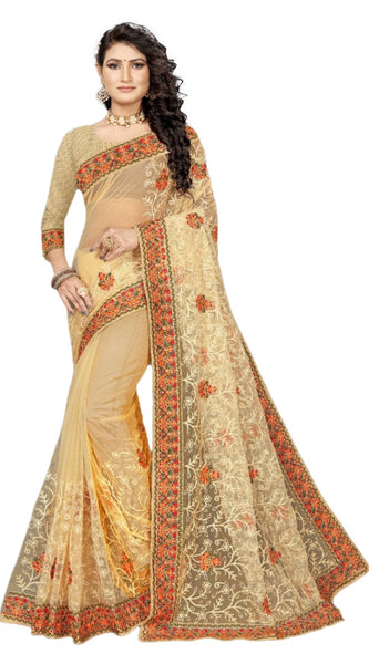 Mayawye Women's Net Saree With Blouse (Chiku, 5-6Mtrs)