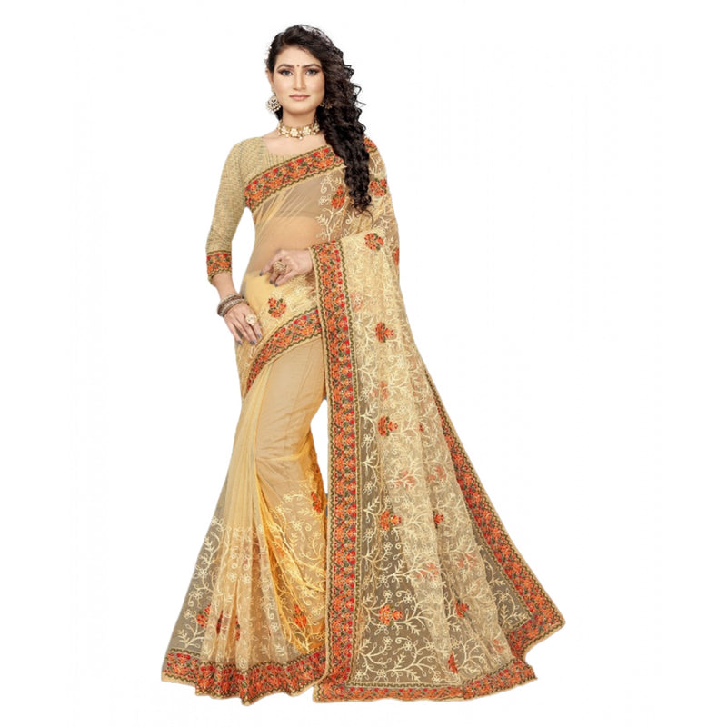 Mayawye Women's Net Saree With Blouse (Chiku, 5-6Mtrs)