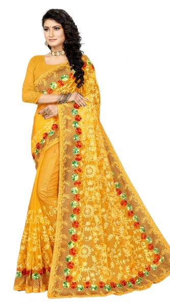 Mayawye Women's Net Saree With Blouse (Yellow, 5-6Mtrs)