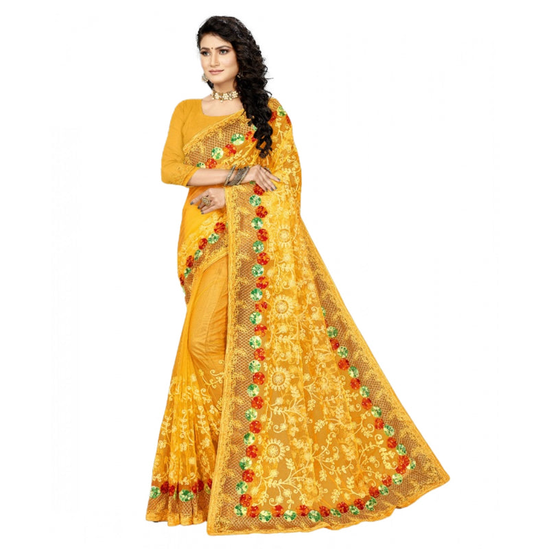 Mayawye Women's Net Saree With Blouse (Yellow, 5-6Mtrs)