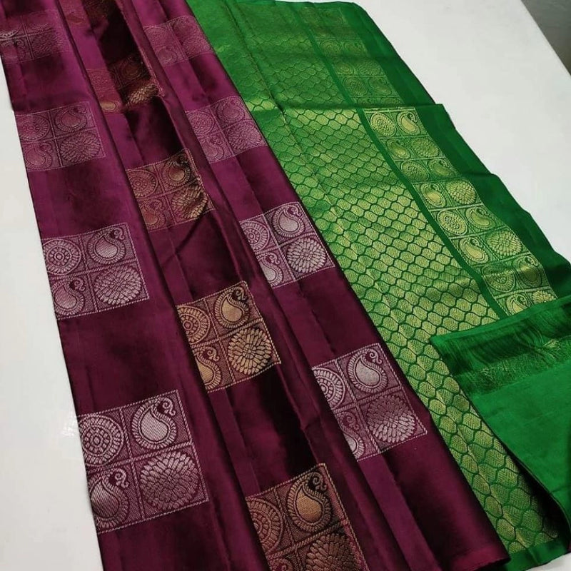 Mayawye Women's Borderless Kanjivaram Silk Sarees With Unstitched Blouse (Brown)