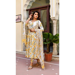Mayawye Women's Cotton Blend Printed Work Kurti With Bottom And Dupatta Set (Yellow)