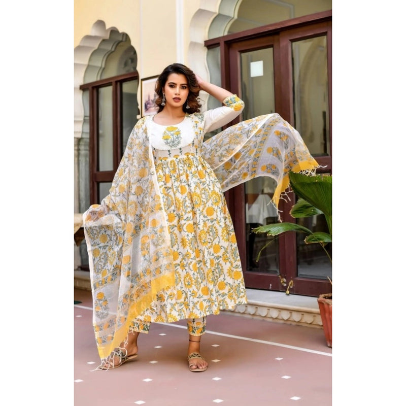 Mayawye Women's Cotton Blend Printed Work Kurti With Bottom And Dupatta Set (Yellow)