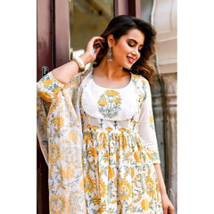 Mayawye Women's Cotton Blend Printed Work Kurti With Bottom And Dupatta Set (Yellow)