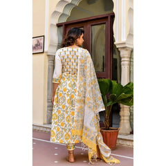 Mayawye Women's Cotton Blend Printed Work Kurti With Bottom And Dupatta Set (Yellow)