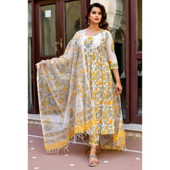 Mayawye Women's Cotton Blend Printed Work Kurti With Bottom And Dupatta Set (Yellow)