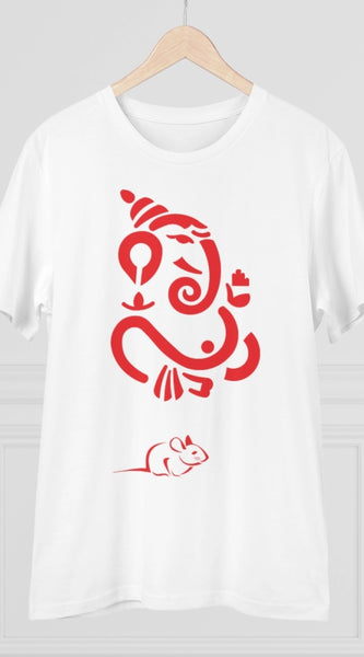 Mayawye Men's PC Cotton Ganesh Printed T Shirt (Color: White, Thread Count: 180GSM)
