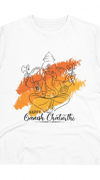 Mayawye Men's PC Cotton Ganesh Printed T Shirt (Color: White, Thread Count: 180GSM)