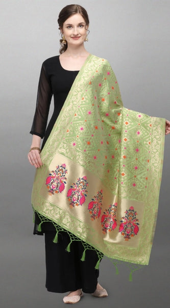 Mayawye Women's Silk Pure Zari weaving Duppatta (Light Green, Length: 2-2.3 Mtrs)