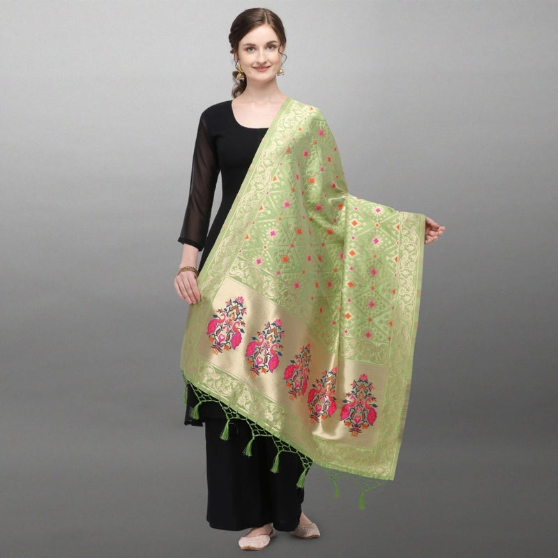 Mayawye Women's Silk Pure Zari weaving Duppatta (Light Green, Length: 2-2.3 Mtrs)