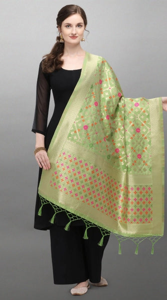 Mayawye Women's Silk Pure Zari weaving Duppatta (Light Green, Length: 2-2.3 Mtrs)