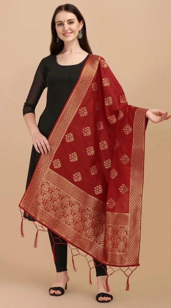 Mayawye Women's Silk Pure Zari weaving Duppatta (Maroon, Length: 2-2.3 Mtrs)