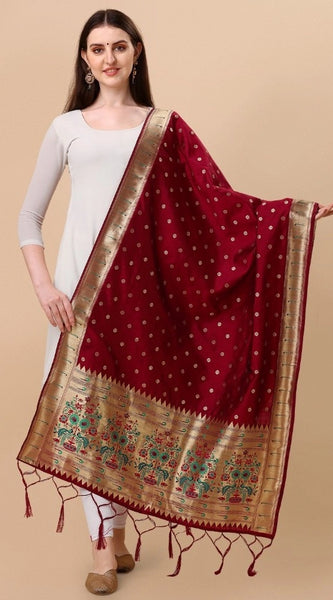Mayawye Women's Silk Pure Zari weaving Duppatta (Maroon, Length: 2-2.3 Mtrs)