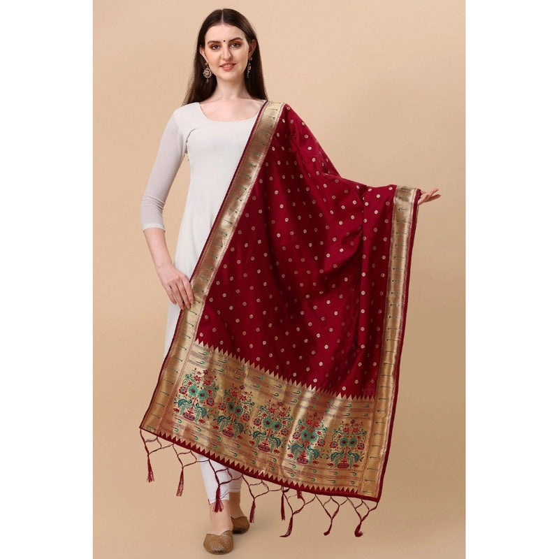 Mayawye Women's Silk Pure Zari weaving Duppatta (Maroon, Length: 2-2.3 Mtrs)