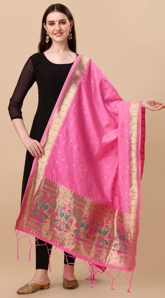 Mayawye Women's Silk Pure Zari weaving Duppatta (Light Pink, Length: 2-2.3 Mtrs)