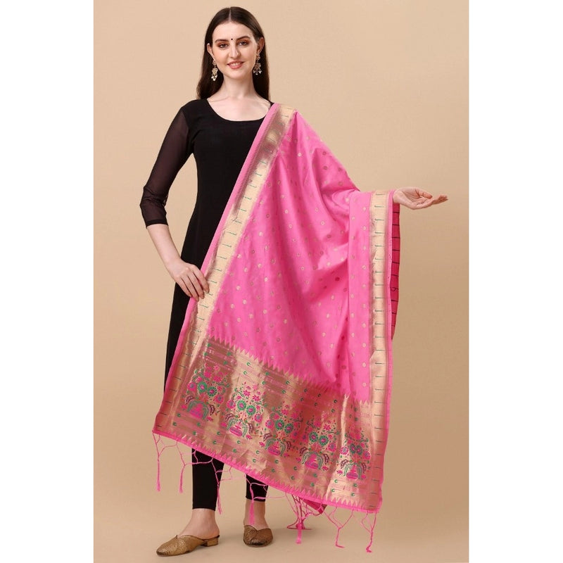 Mayawye Women's Silk Pure Zari weaving Duppatta (Light Pink, Length: 2-2.3 Mtrs)