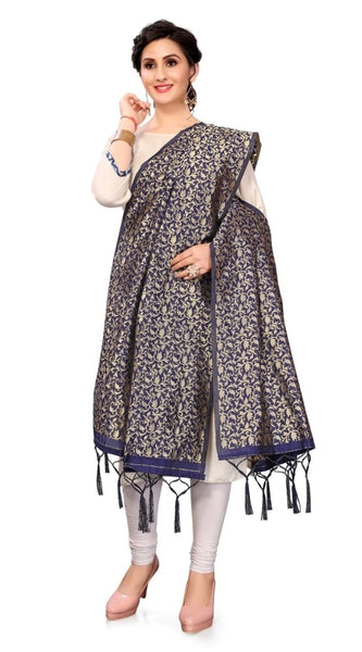 Mayawye Women's Silk Pure weaving Work Duppatta (Navy Blue, Length: 2-2.3 Mtrs)