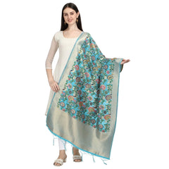 Mayawye Women's Silk Pure Zari weaving Duppatta (Light Blue, Length: 2-2.3 Mtrs)