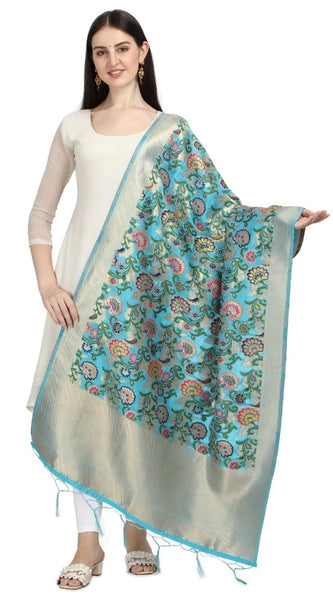 Mayawye Women's Silk Pure Zari weaving Duppatta (Light Blue, Length: 2-2.3 Mtrs)