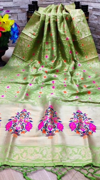 Mayawye Women's Silk Pure Zari weaving Duppatta (Light Green, Length: 2-2.3 Mtrs)