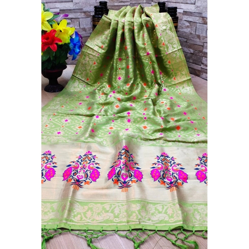 Mayawye Women's Silk Pure Zari weaving Duppatta (Light Green, Length: 2-2.3 Mtrs)