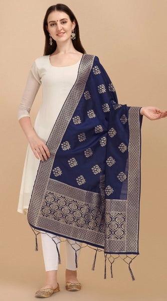 Mayawye Women's Silk Pure Zari weaving Duppatta (Navy Blue, Length: 2-2.3 Mtrs)