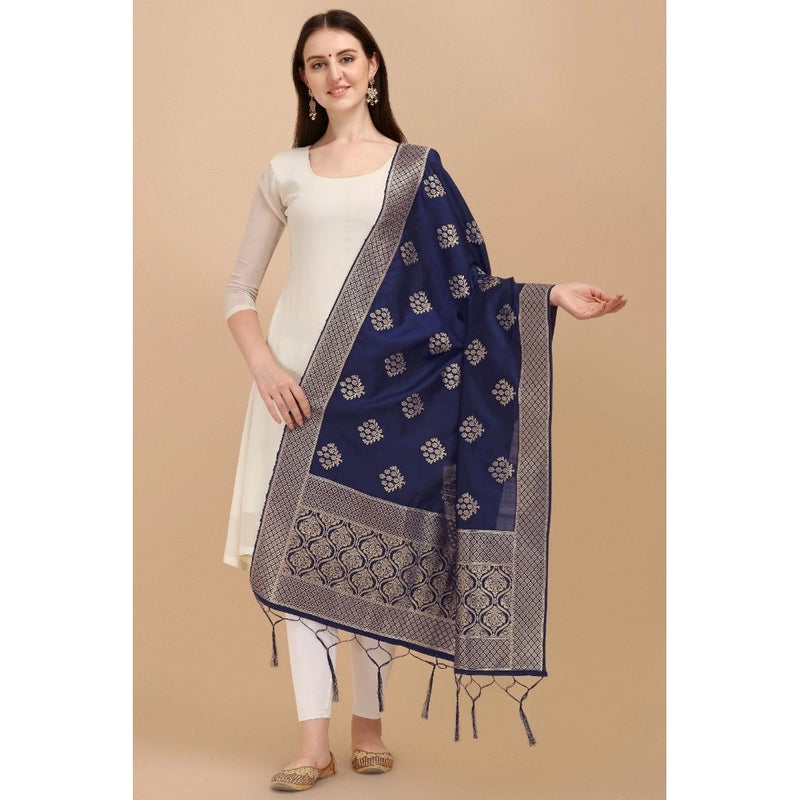 Mayawye Women's Silk Pure Zari weaving Duppatta (Navy Blue, Length: 2-2.3 Mtrs)