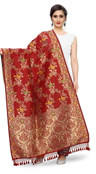 Mayawye Women's Silk Pure Zari weaving Duppatta (Maroon, Length: 2-2.3 Mtrs)