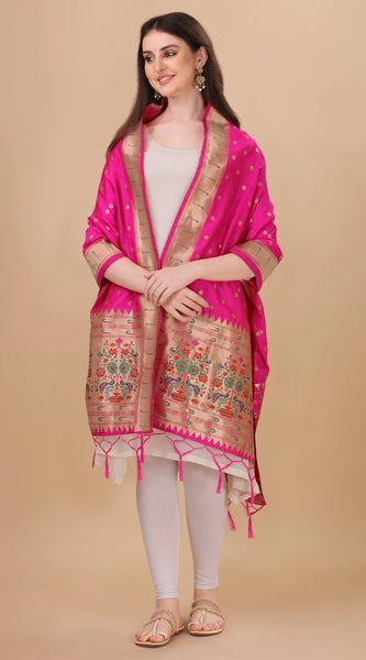 Mayawye Women's Silk Pure Zari weaving Duppatta (Pink, Length: 2-2.3 Mtrs)