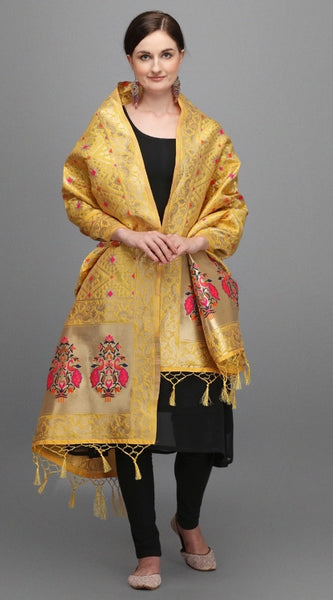 Mayawye Women's Silk Pure Zari weaving Duppatta (Mustard Yellow, Length: 2-2.3 Mtrs)