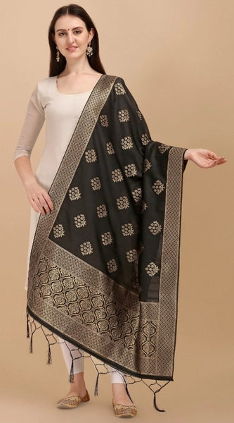 Mayawye Women's Silk Pure Zari weaving Duppatta (Black, Length: 2-2.3 Mtrs)