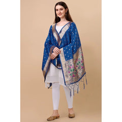 Mayawye Women's Silk Pure Zari weaving Duppatta (Blue, Length: 2-2.3 Mtrs)